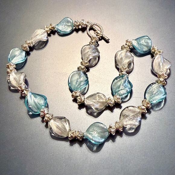 Light Blue White Twisted Artisan Glass Beaded Link Necklace - Picture 3 of 6